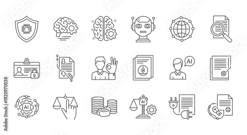 Modern Vector Icons of Technology, AI, Data Security, Law, and Business Concepts