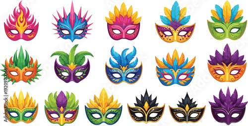 Set of Vibrant Carnival Masquerade Masks with Colorful Feathers and Ornate Gold Patterns for Mardi Gras Festivals Theatre Promotions and Elegant Party Decor