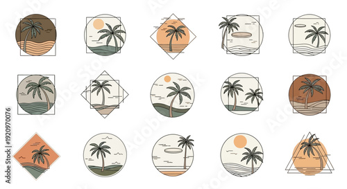 Minimalist Tropical Palm Tree Icons and Emblems for Summer Beach Vacation Designs