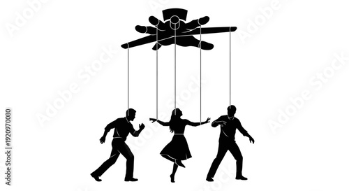 Puppet Master Controlling Silhouetted People with Strings - Symbol of Control and Manipulation