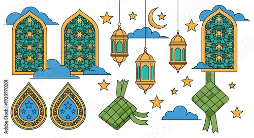 Islamic Geometric Ornaments, Ramadan Lanterns, Crescent Moon, Stars, and Clouds Vector Art