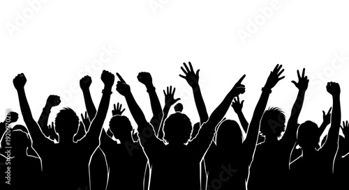 Silhouette of a Cheering Crowd with Hands Raised in Celebration and Excitement
