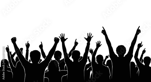 Silhouette of a cheering crowd with raised hands celebrating a victory or event