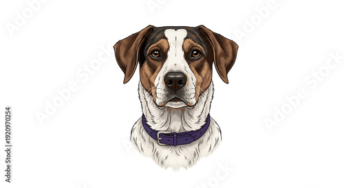 Illustrated dog portrait with purple collar on white background