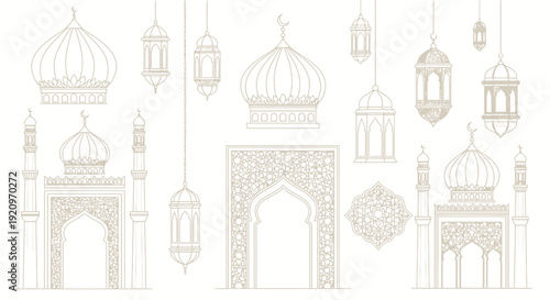 Islamic Domes, Mosques, Archways, and Lanterns Vector Set for Ramadan and Eid Decorations