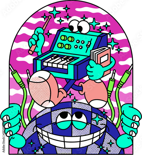 Colorful psychedelic cartoon illustration of quirky music characters playing synthesizer and keyboard, retro pop art style with neon colors, fun surreal artwork for posters, album covers, stickers, an