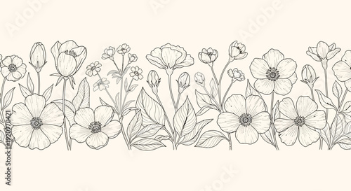 Elegant Floral Art Border Illustration with Delicate Flowers and Leaves on Beige