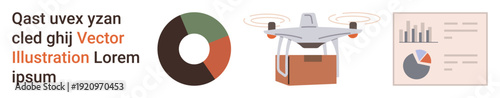 Logistics, technology, business metrics, data visualization, delivery services, future trends. A flying quadcopter carrying a package, pie chart and analytical dashboard. Logistics and technology