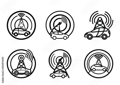 Collection of black and white wireless communication car technology icons