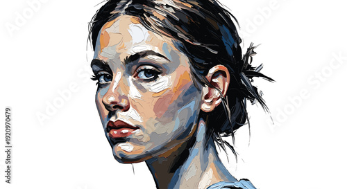 Intense impasto portrait of young woman with blue eyes