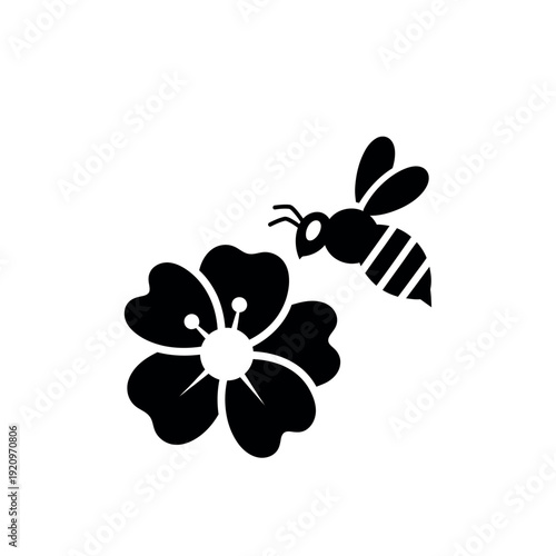 Bee and flower black silhouette illustration.