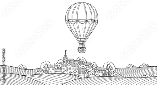Line art hot air balloon flying over picturesque rural village