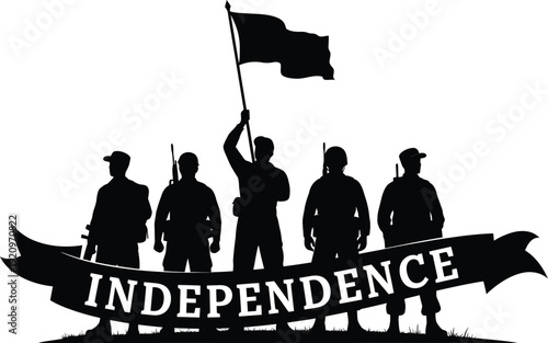 Military soldiers silhouette standing with flag and independence ribbon banner for patriotic memorial celebration