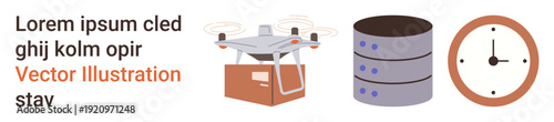 E-commerce, logistics innovation, time efficiency, delivery service, modern data management, technological advancements. A quadcopter delivering a package, a data server a clock. E-commerce