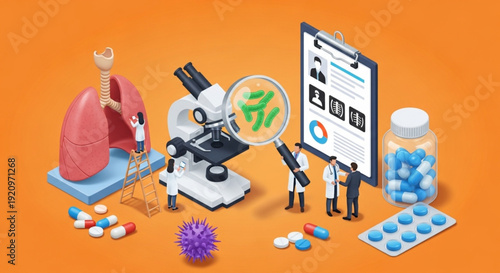 World Tuberculosis Day Isometric illustration of medical research focusing on lung health, respiratory diseases, and viral infections, depicting scientists, microscopes, and pharmaceutical treatments