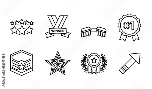 Quality ranking and military achievement linear icon set vector isolated on transparent background