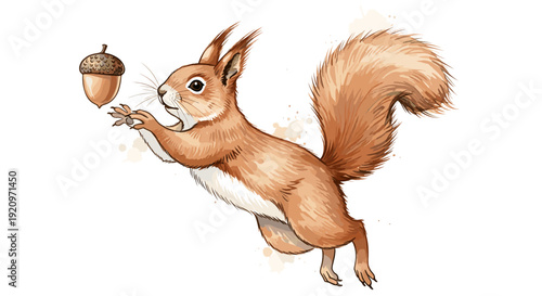 Red squirrel leaping for an acorn isolated illustration