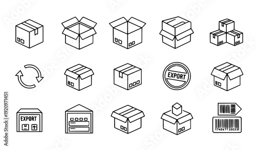 Minimal cargo and parcel shipping line icons vector set isolated on transparent background