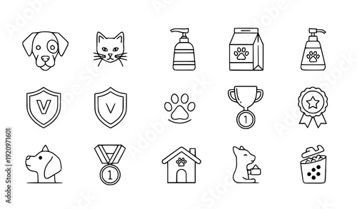 Minimal pet care and veterinary service line icons vector set isolated on transparent background