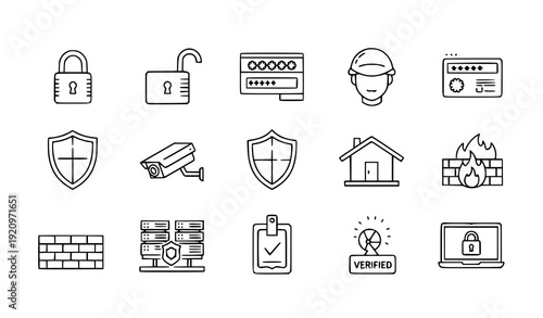 Network security and home protection linear icon set vector isolated on transparent background