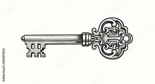 Ornate antique skeleton key with intricate scrollwork illustration