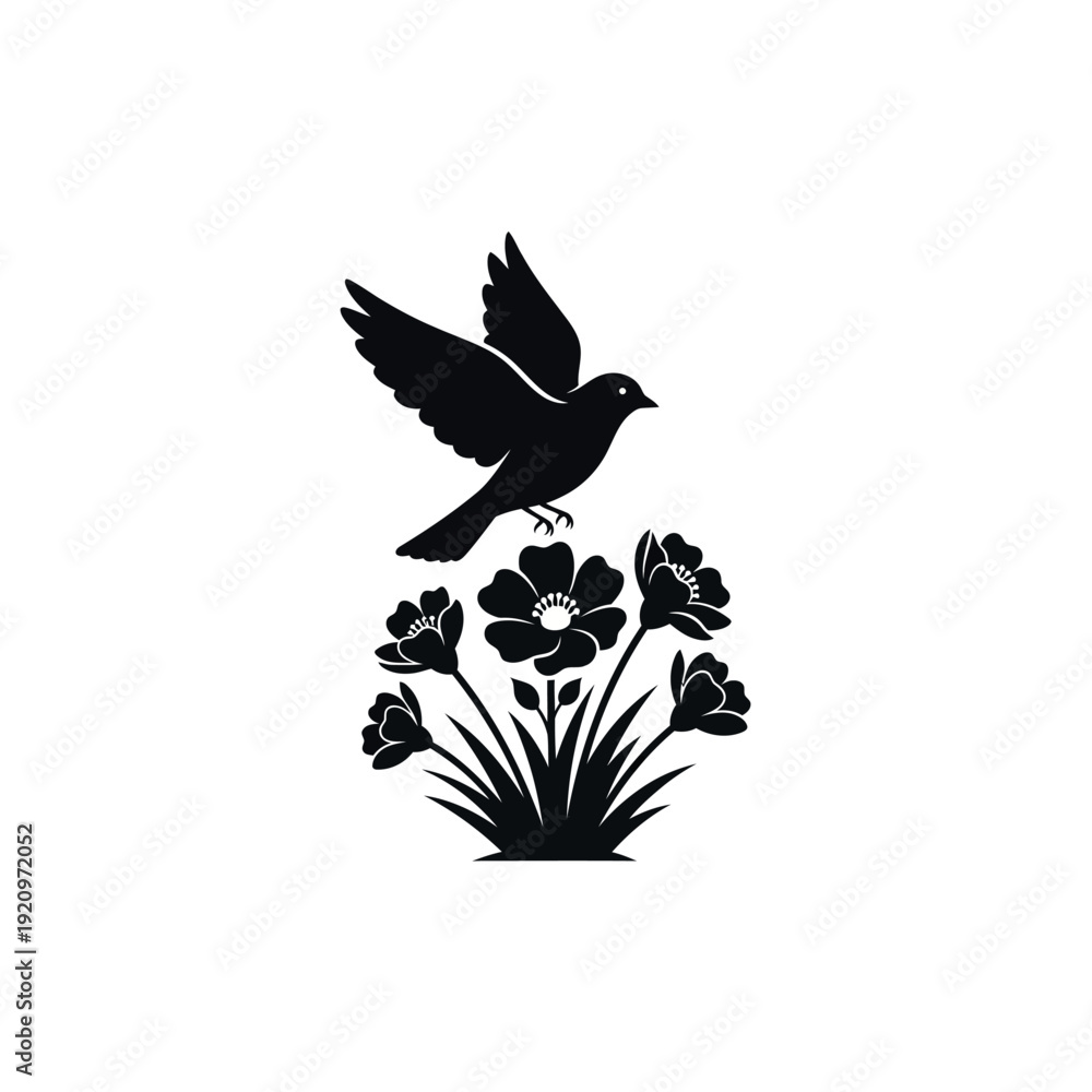 Fototapeta premium Silhouette of a bird flying over a cluster of flowers.