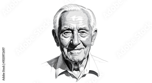 Smiling elderly man portrait in black and white illustration