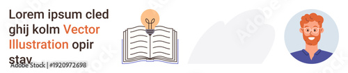 Education, learning, knowledge sharing, creativity, online profiles, content creation. Open book with lightbulb and profile avatar. Education and learning concept for digital use