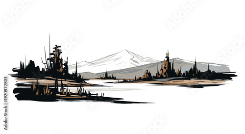 Stylized mountain lake landscape with trees and distant peaks