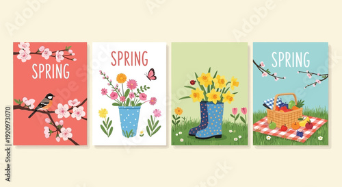 Four vibrant spring-themed illustrations featuring birds, cherry blossoms, potted flowers, daffodil-filled rain boots, and a delightful picnic scene.