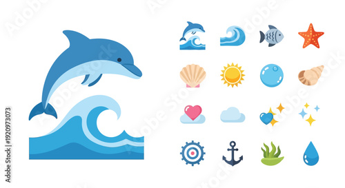 A cartoon illustration of a blue dolphin leaping over ocean waves, accompanied by various marine and nature-themed icons.