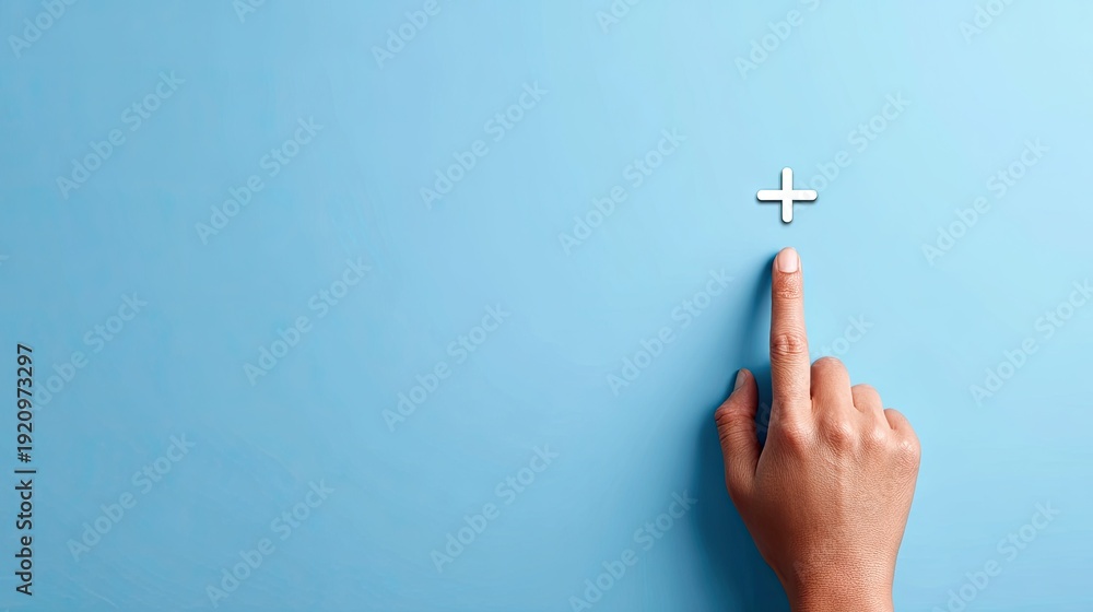 Naklejka premium Hand pointing towards plus sign on blue background for design elements
