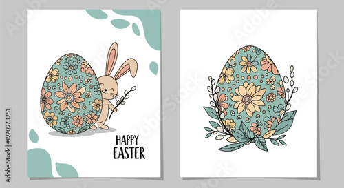 Two charming Easter illustrations featuring a cute bunny, decorated floral eggs, and pussy willow branches, perfect for holiday greeting cards.