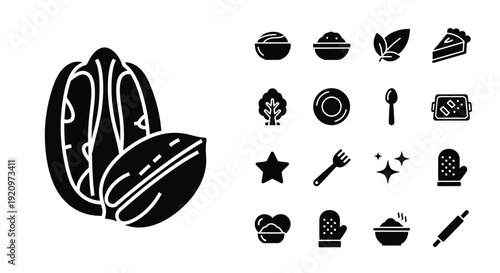 Black silhouette icons featuring a pecan nut and various cooking, kitchen, and food-related items on a white background, perfect for culinary designs.