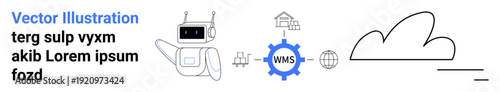 Artificial intelligence, cloud computing, automation, IoT, data management, and logistics. A robot with connected WMS and cloud icons. AI automation and cloud computing concept
