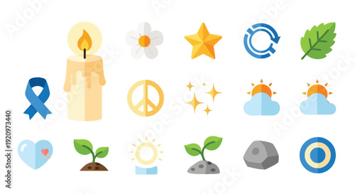 A diverse collection of flat design icons including a lit candle, blue ribbon, daisy, star, recycling symbol, green leaf, peace sign, sun, clouds, heart, sprouts, rock, and target.