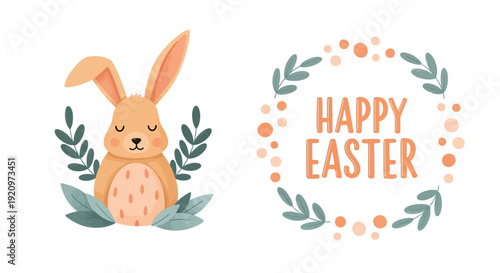A charming illustration featuring a peaceful Easter bunny surrounded by leaves and a festive "Happy Easter" wreath.