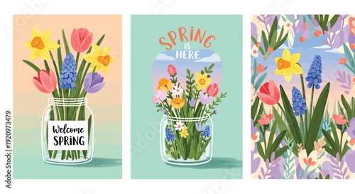 Three vibrant illustrations depicting spring flowers like daffodils, tulips, and hyacinths in glass jars, with two featuring spring-themed text.