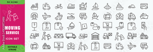 Moving Service line editable icon set. Contain icons relaed to Moving house services, packing, loaders, office moving, freight transportation, and more. Editable stroke. Vector illustration