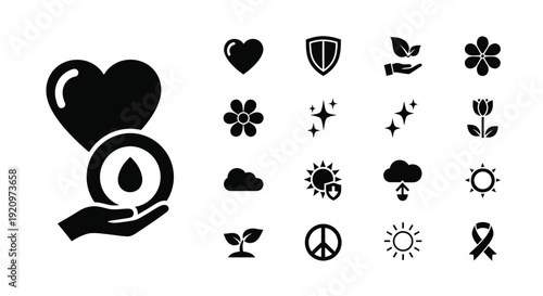 A collection of black and white icons representing various concepts including health, nature, peace, and environmental protection.
