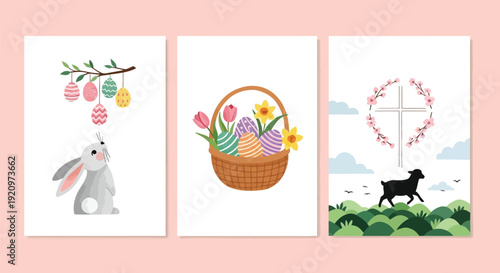 Three charming Easter-themed illustrations featuring a bunny with hanging eggs, a basket of colorful eggs and flowers, and a lamb before a cross.