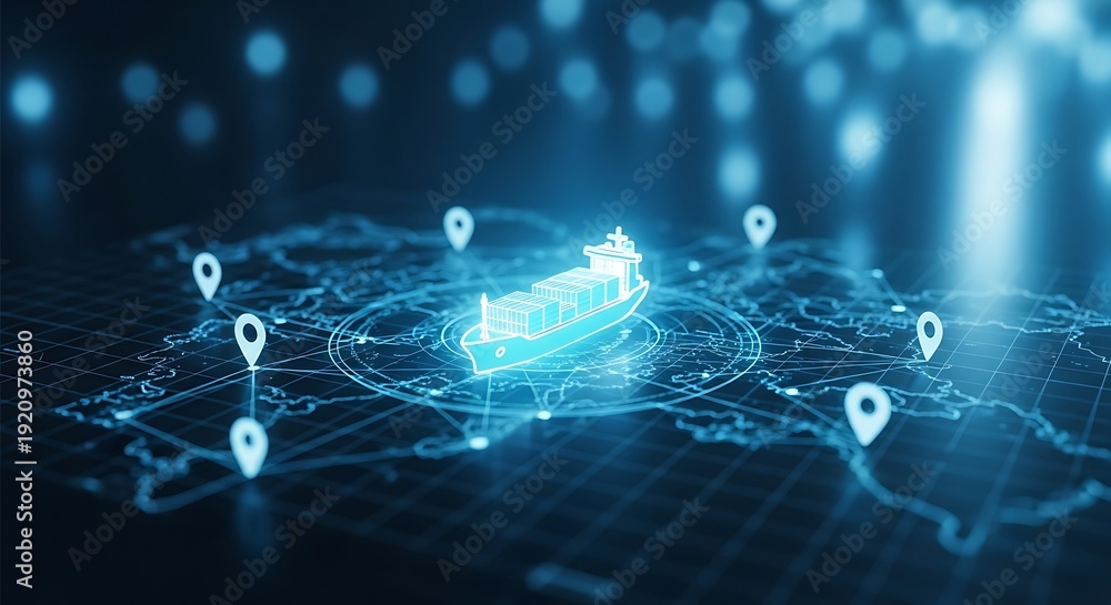 Obraz premium Digital graphic of a cargo ship with pinpoints on a world map, representing global logistics