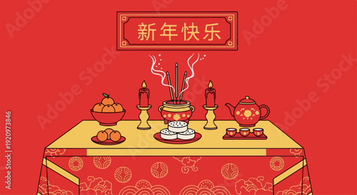 Chinese New Year altar with incense and offerings