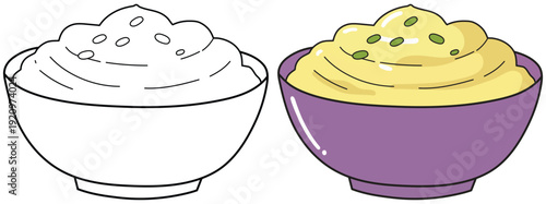 Mashed potatoes vector illustration with outline and colored cartoon bowl style