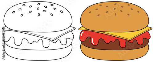 Burger vector illustration showing outline and colored cartoon cheeseburger icon