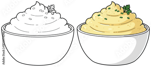 Mashed potatoes vector illustration with outline and colored cartoon bowl