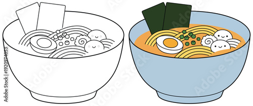Ramen noodle bowl vector illustration with outline and colored cartoon style