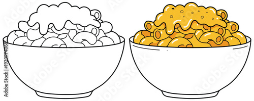 Macaroni and cheese vector illustration with outline and colored cartoon bowl