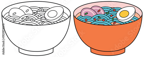 Ramen noodle bowl vector illustration showing outline and colored cartoon style