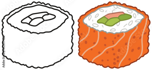 Salmon sushi roll slice with rice and fish topping icon